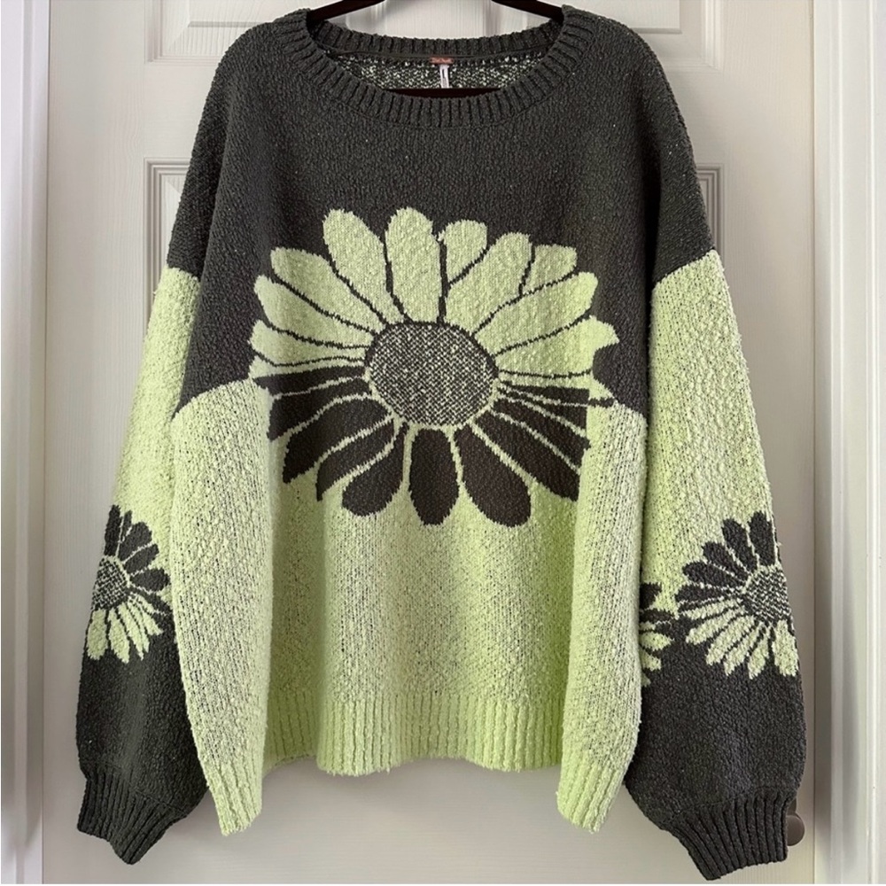 Free People Black and Green Floral Sweater